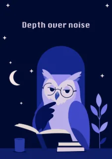 A thoughtful owl wearing spectacles is engrossed in reading a book under the night sky, symbolizing wisdom and knowledge acquisition