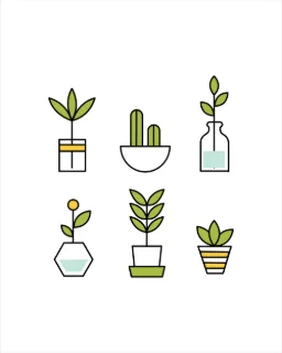A simple graphic illustration featuring a variety of green houseplants in stylized pots and vases, perfect for home decor themes