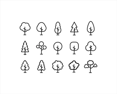 A set of minimalist, outline drawings showcasing different types of trees, perfect for graphic design elements
