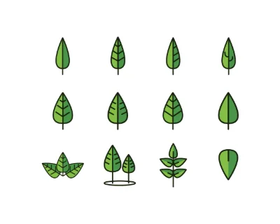 A set of simple, modern illustrations depicting various green leaf shapes and miniature trees, perfect for nature-themed designs