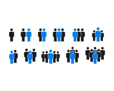 A set of stylized human figures in blue and black illustrates various group sizes, from individuals to larger gatherings