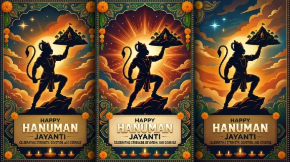 Hanuman Jayanti vibrant poster featuring a powerful symbolic figure silhouette holding a mountain, glowing aura radiating behind, dramatic sky with warm orange and gold