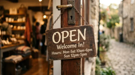 A close-up of an open shop sign gently swinging on a door, shallow depth of field blurring the background, soft sunlight highlighting edges and text, composition