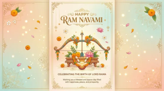 Ram Navami festive scene with symbolic elements like a bow and arrow placed on a decorative background, subtle light particles floating, pastel gradients blending into