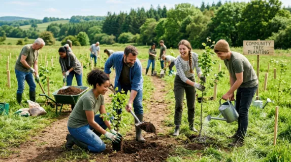 Group of volunteers planting young trees in an open field, people working together with shovels and soil, fresh greenery surrounding the scene, bright daylight enhancing