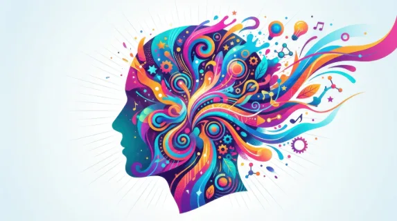 Human head profile silhouette filled with vibrant creative elements like abstract shapes, flowing lines, and colorful patterns radiating outward, layered textures