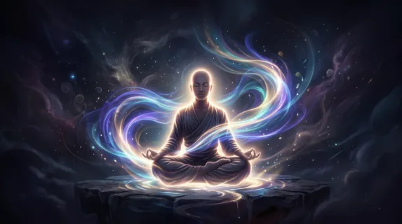 Figure in meditation pose with luminous energy waves flowing around the body, soft radiant light outlining the silhouette, abstract background fading into darkness