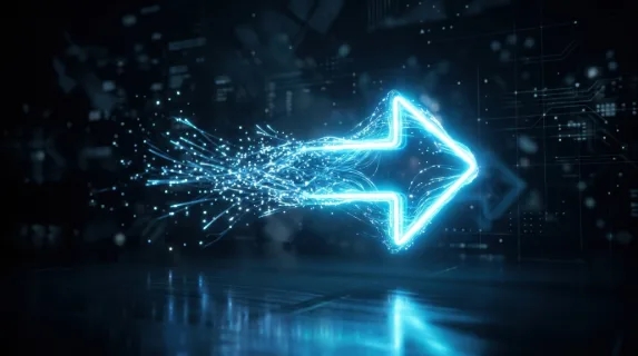 A bright neon arrow forming mid-air with light particles assembling into its shape, suspended in a dark abstract environment, soft glow radiating outward, subtle