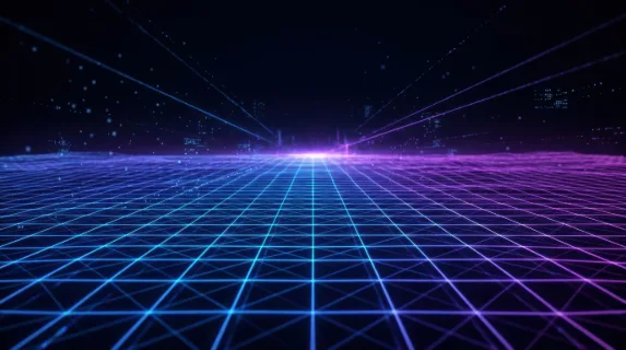 Futuristic digital grid extending toward the horizon, glowing lines forming a perspective plane under a dark sky, subtle particles floating in the air, gradient colors