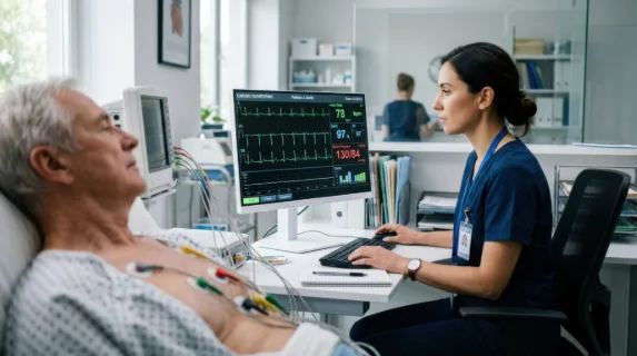 Medical technician observing cardiac test results on a monitor, patient partially visible with connected electrodes, clean modern clinic setting, soft lighting enhancing