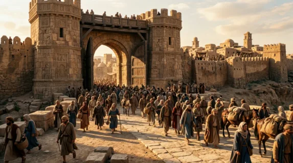 Grand ancient city entrance with large stone gates and crowds entering, figures dressed in simple historical garments, warm sunlight casting long shadows across the path