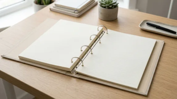 Open ring binder lying on a clean desk, metal rings visible holding blank or lightly lined pages, minimal office setup with soft shadows, neutral tones emphasizing