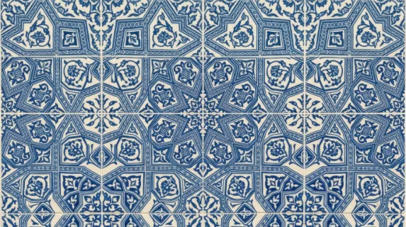 Decorative blue patterned surface with geometric and floral motifs arranged symmetrically, clean flat perspective emphasizing design clarity, subtle texture visible under