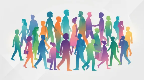 Abstract arrangement of human silhouettes overlapping in different tones, representing multicultural diversity and inclusion, smooth transitions between shapes creating