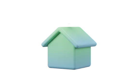 A minimalist 3D rendering of a house symbol, featuring a smooth gradient from light green to light blue, isolated on a white background
