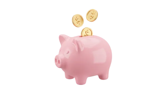 A classic pink piggy bank receives golden coins, representing the act of saving money and financial growth