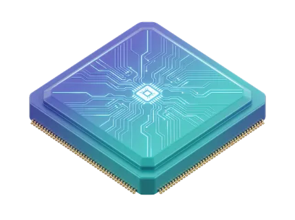 A detailed isometric view of a modern computer processor with intricate luminous pathways and metallic connectors, symbolizing technology