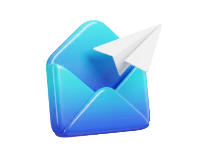 A stylized 3D render of an open blue envelope with a white paper airplane emerging, representing communication and sending mail