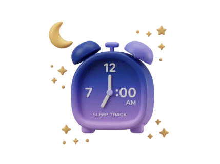 A stylized alarm clock displays 7:00 AM with a crescent moon and scattered stars, symbolizing nighttime and sleep tracking