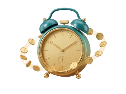 A vintage-style alarm clock with a teal and gold finish, surrounded by orbiting gold coins, representing the concept of time as a valuable asset