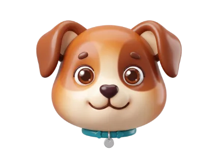 A charming 3D rendered illustration of a friendly puppy's head, featuring expressive eyes and a teal collar with a tag