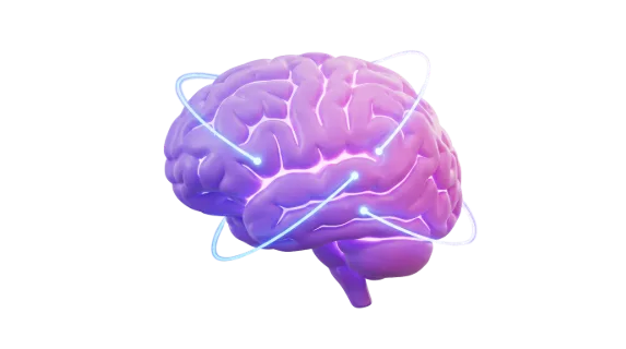 A stylized 3D rendering of a human brain illuminated with purple and pink gradients, featuring glowing blue lines connecting points within the organ