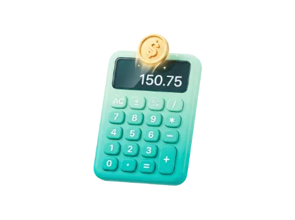 A teal calculator shows the number 150.75 on its display with a shiny gold coin hovering above it