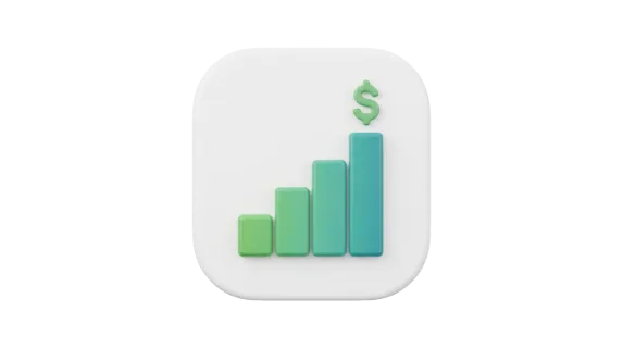 A minimalist 3D rendering of a bar graph showing an upward trend with a dollar symbol at the peak, symbolizing financial prosperity and economic progress