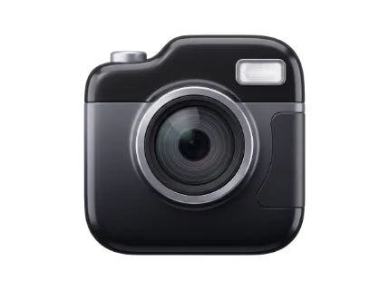 A sleek, black digital camera is presented front-on against a clean white backdrop, showcasing its lens and flash unit