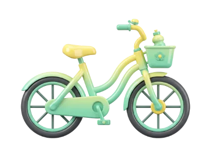 A charming, cartoon-style bicycle features a pastel gradient, a front basket with a flower emblem, and a water bottle, ideal for children's themes