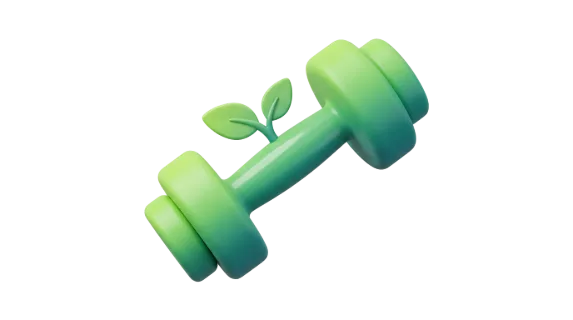A 3D rendered dumbbell in gradient green hues, with a small plant growing from its center, representing wellness and nature