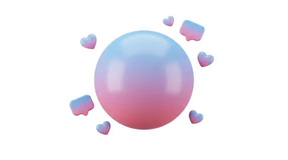 A smooth, iridescent sphere with a soft pink and blue gradient is adorned with small hearts and chat bubbles, suggesting communication and affection
