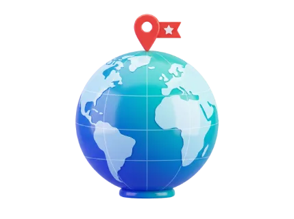 A stylized 3D render of planet Earth featuring a prominent red map marker and a small flag, symbolizing worldwide destinations and exploration