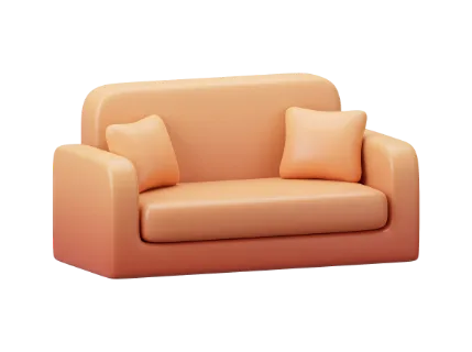 A minimalist 3D render of a soft peach-colored sofa featuring two square throw pillows, ideal for modern interior design concepts