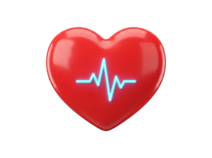 A vibrant red heart shape features a bright blue neon electrocardiogram pulse, representing vitality and medical care
