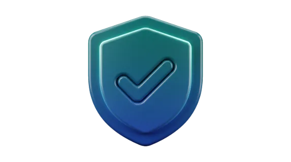 A glossy, blue and teal shield emblem featuring a prominent checkmark, representing safety, verification, and successful completion