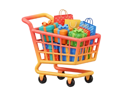 A vibrant 3D render of a grocery cart filled with presents and retail bags, symbolizing consumerism and purchases
