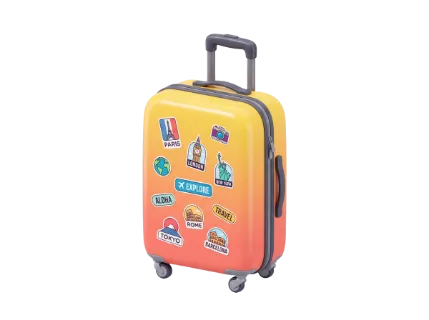 A vibrant, gradient-colored suitcase covered in stickers from various global cities and travel themes, ready for an adventure