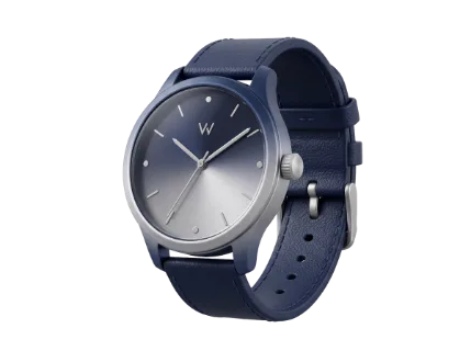 A sleek, contemporary wristwatch featuring a brushed metal case and a gradient blue to silver dial with simple hour markers and a blue leather band