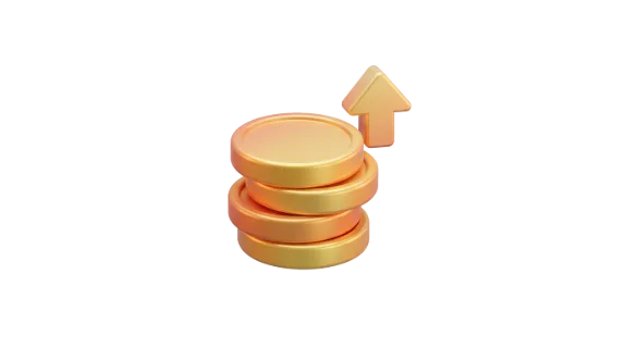 A 3D render of a stack of shiny gold coins with an arrow pointing upwards, representing financial success and investment