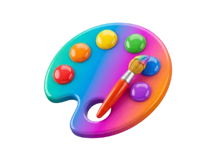 A 3D rendered artist's palette featuring a gradient of colors and a brush dipped in blue paint, symbolizing creativity and artistic expression