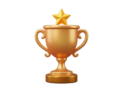 A shiny golden trophy with two handles and a star emblem on its lid, representing success and top performance