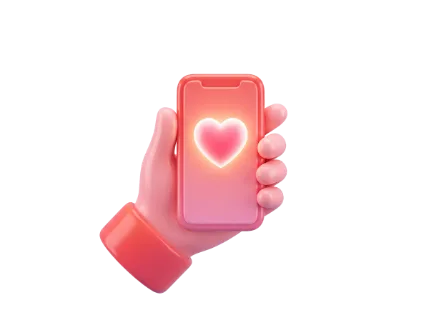 A stylized cartoon hand cradles a mobile device with a vibrant, illuminated heart symbol on its screen, representing digital affection