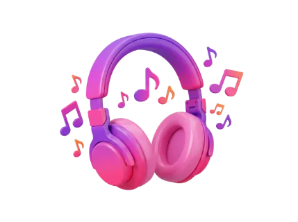 A 3D render of modern headphones in pink and purple hues, surrounded by animated musical notes signifying sound and rhythm