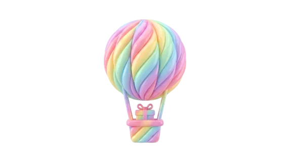 A delightful 3D rendering of a hot air balloon with a pastel rainbow swirl design, carrying a small gift, evoking joy and festivity