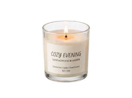 A hand-poured soy wax candle in a glass jar, featuring a warm sandalwood and amber scent for a relaxing atmosphere