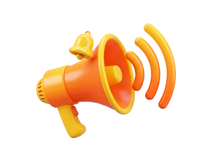 A vibrant, stylized 3D illustration of a megaphone emitting sound waves, complete with a small bell on top, symbolizing announcements and alerts