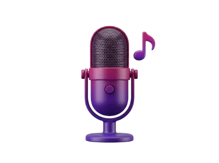 A vintage-style microphone in vibrant purple and pink hues, accompanied by a musical note, representing sound recording and artistic expression