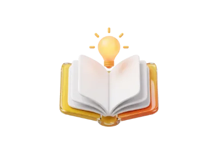 A 3D illustration of an open book with blank pages and a bright light bulb illuminating from above, representing inspiration and learning