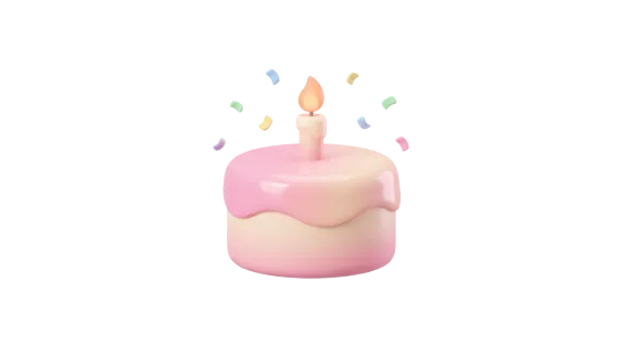 A charming 3D illustration of a pink and cream frosted cake topped with a glowing candle and surrounded by colorful confetti, perfect for celebrations